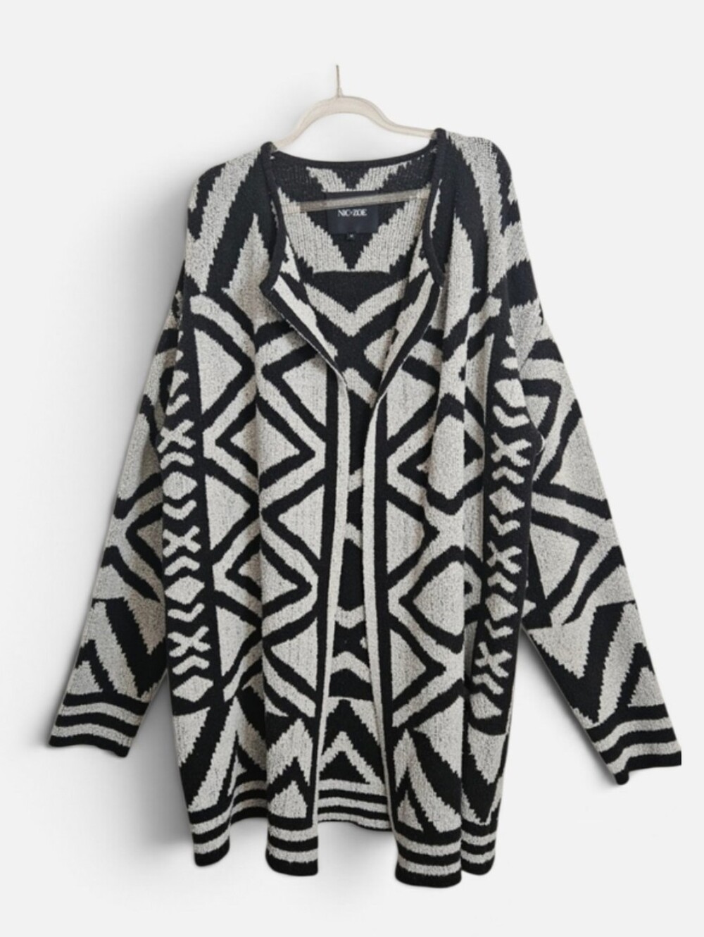 NIC + ZOE Black White Aztec Geometric Open Front Cardigan Sweater Size Medium